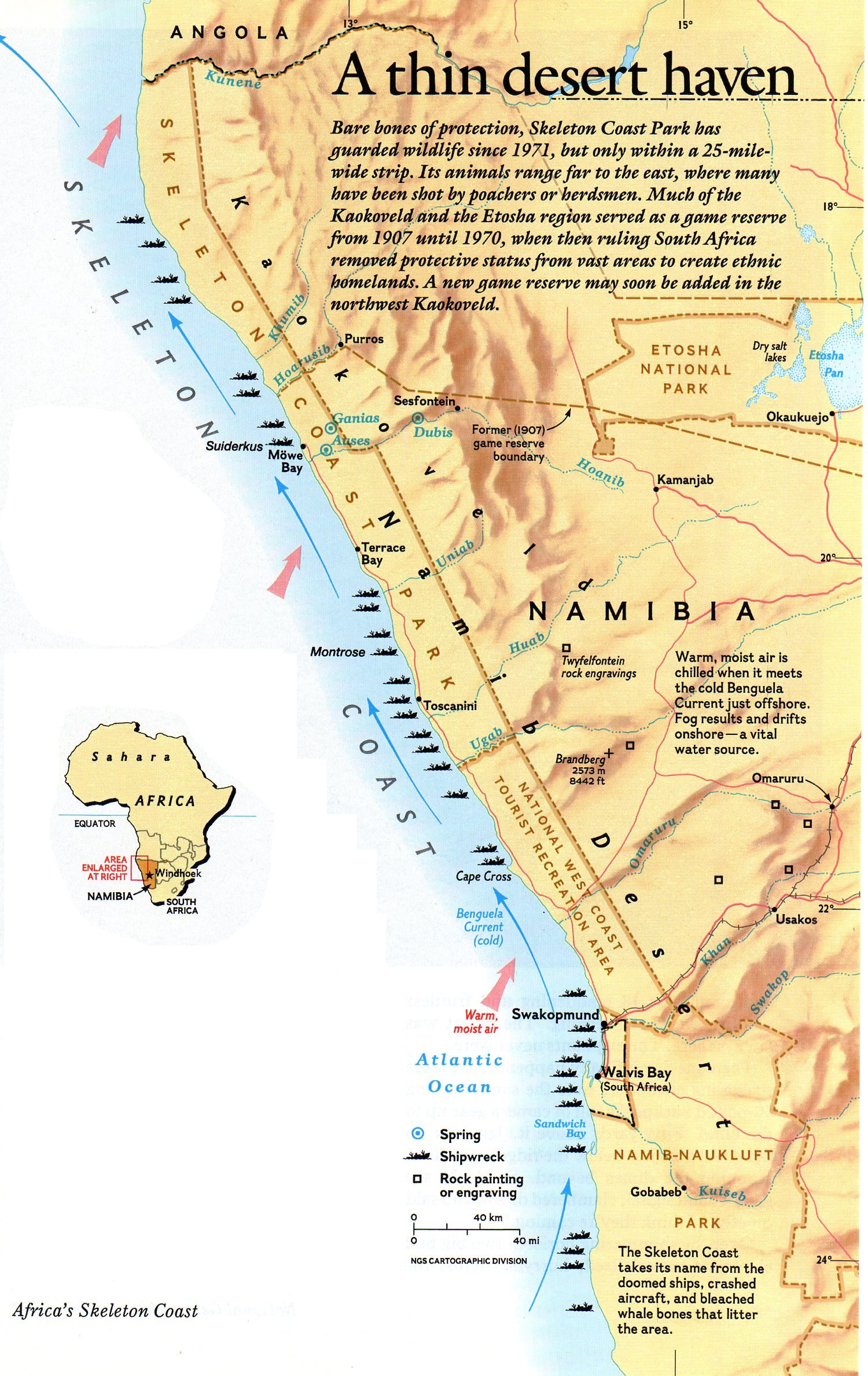 Carte ancienne de la Côte des squelettes (Skeleton coast) de la Namibie indiquant la position des nombreuses épaves qui la parsèment.