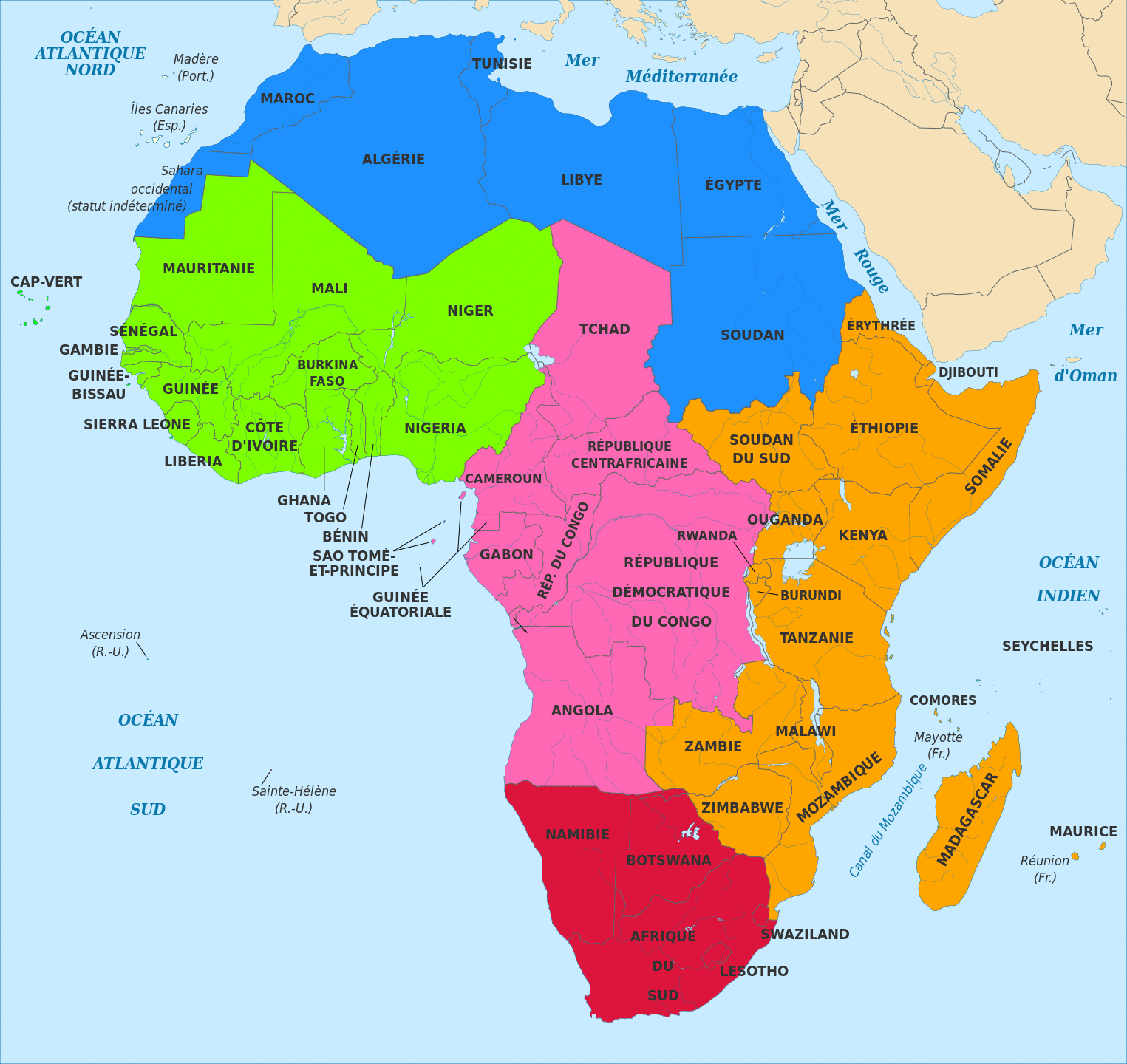 Carte des régions et pays d'Afrique